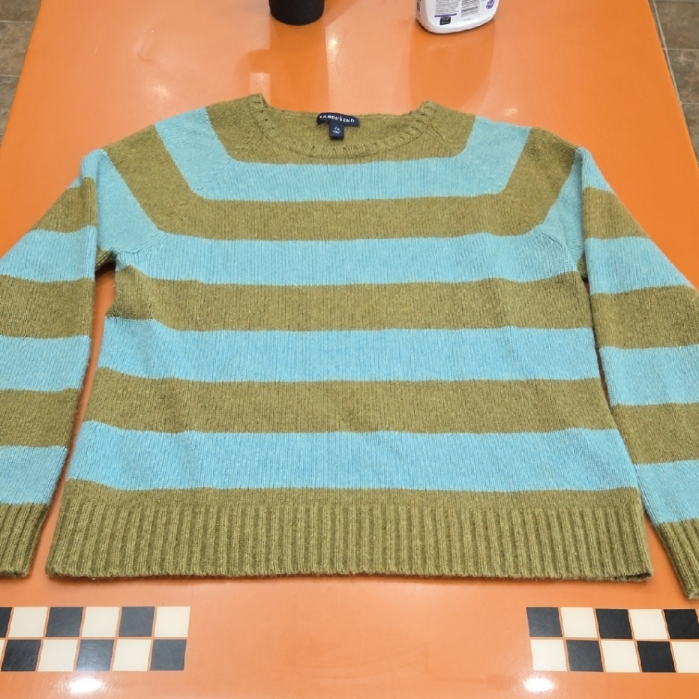 Lands' End Green and Blue Crew Neck Sweater with Ribbed Hem